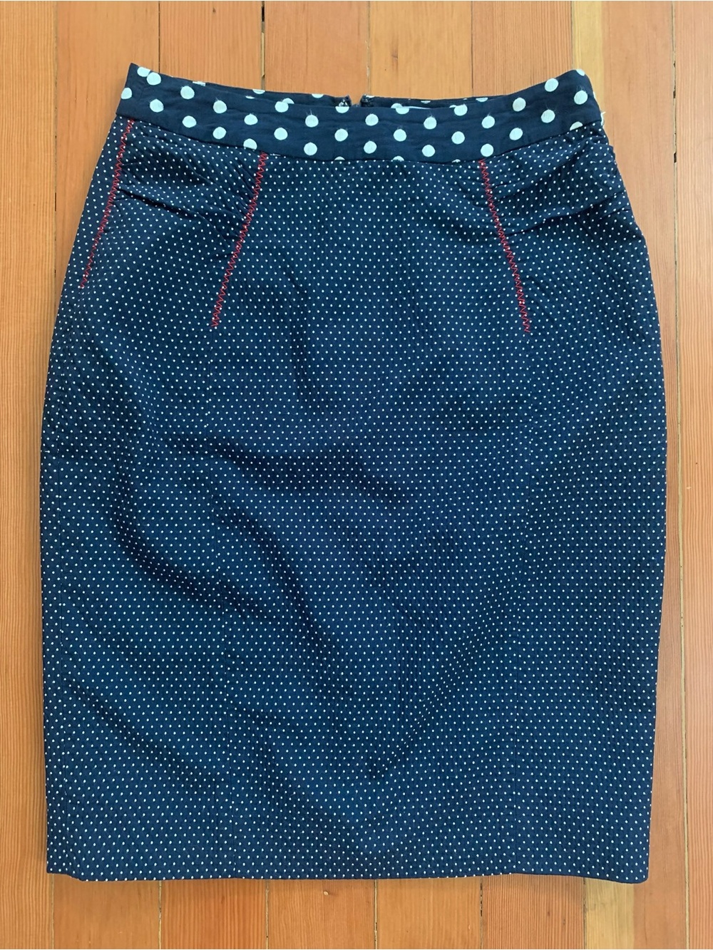 Yoana Baraschi Navy Blue Polka Dot Pencil Skirt with Contrast Waistband